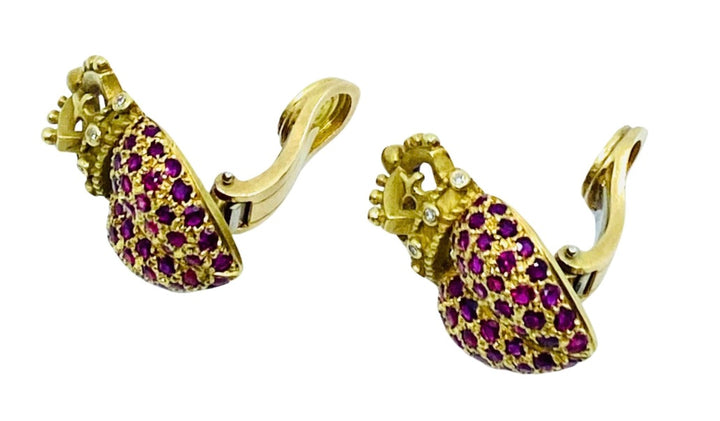 Kieselstein Cord Crown Heart Earrings Gold Ruby Diamond