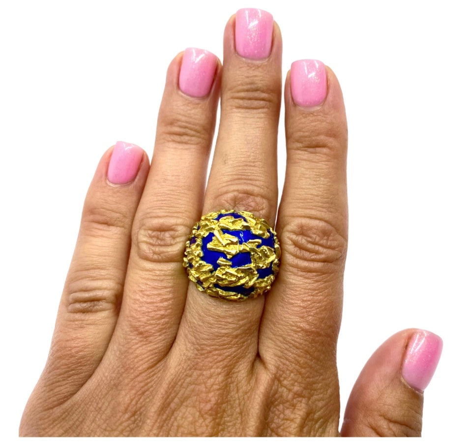 Gubelin Dome Gold Ring Blue Enamel 18k