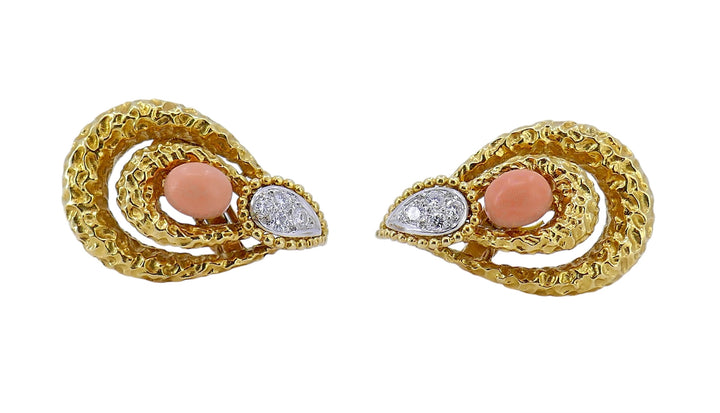 Mauboussin Paris Earrings 18k Hammered Gold Diamond Coral