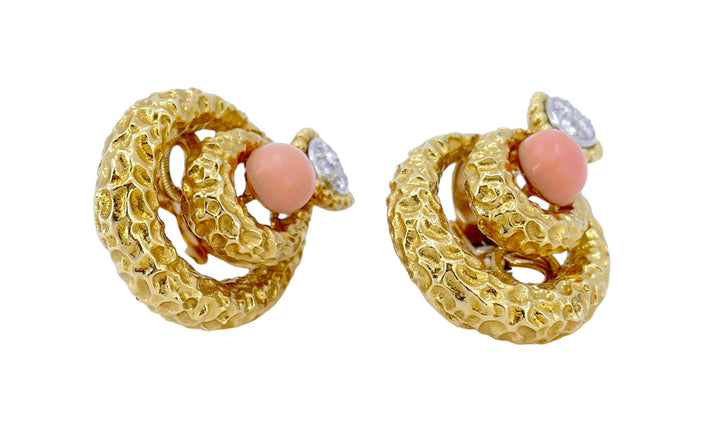 Mauboussin Paris Earrings 18k Hammered Gold Diamond Coral