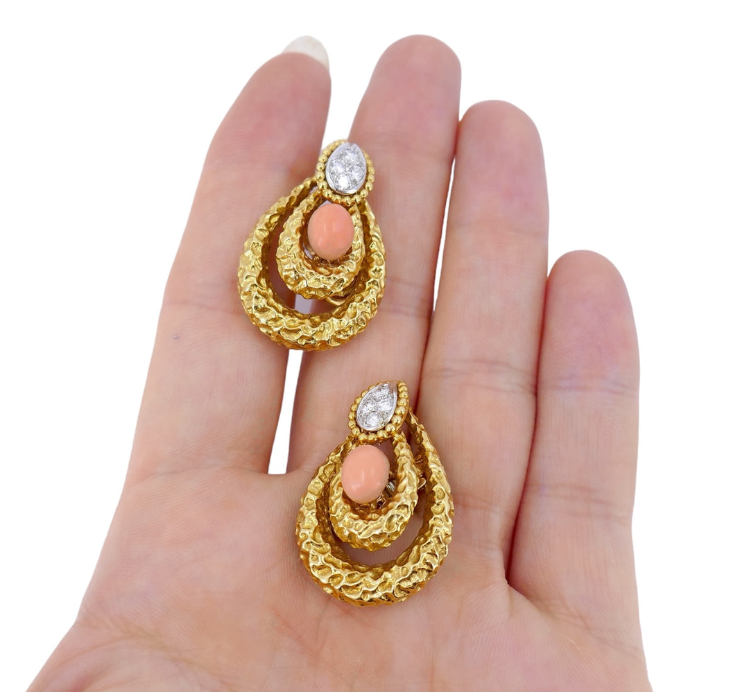 Mauboussin Paris Earrings 18k Hammered Gold Diamond Coral