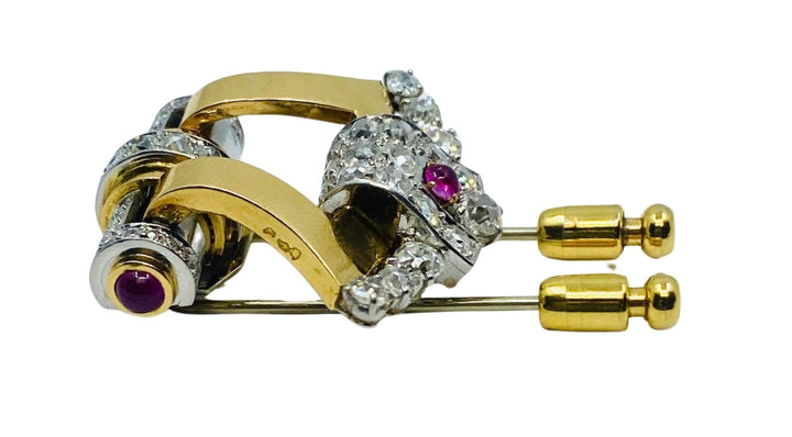 Mellerio Retro Yellow and White 18k Gold Diamond Ruby Brooch