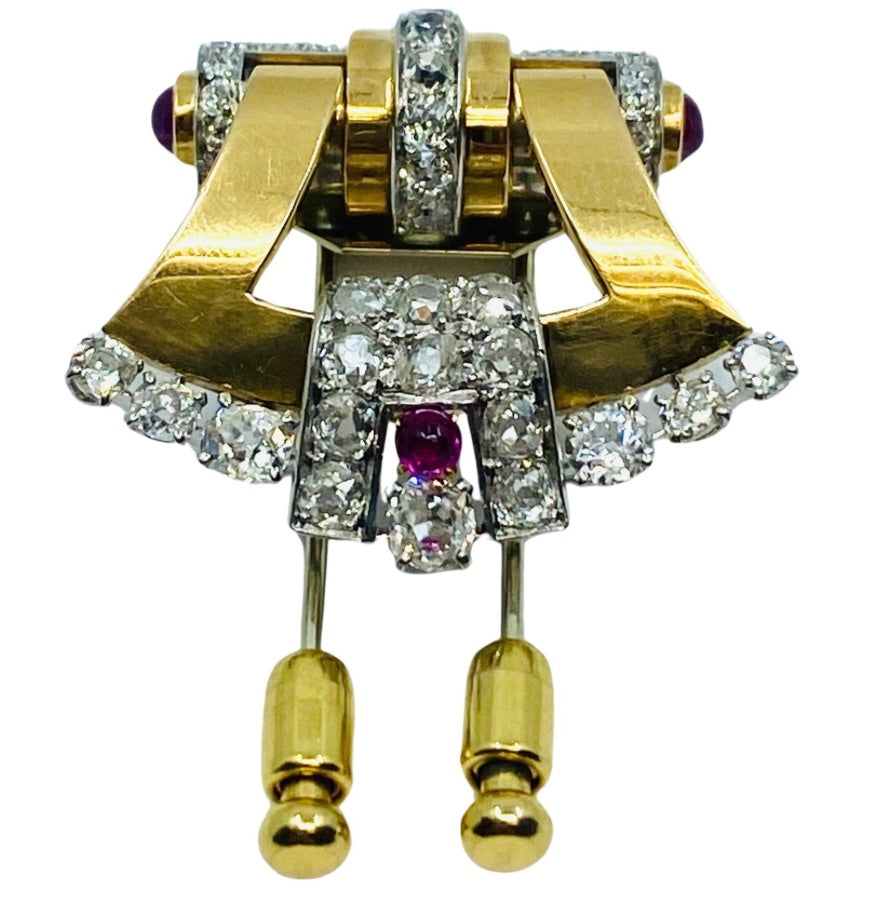 Mellerio Retro Yellow and White 18k Gold Diamond Ruby Brooch