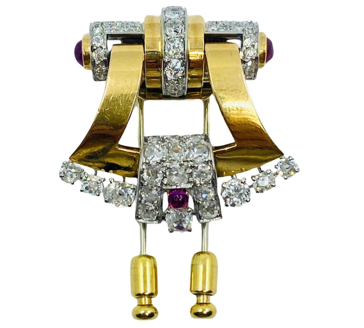 Mellerio Retro Yellow and White 18k Gold Diamond Ruby Brooch