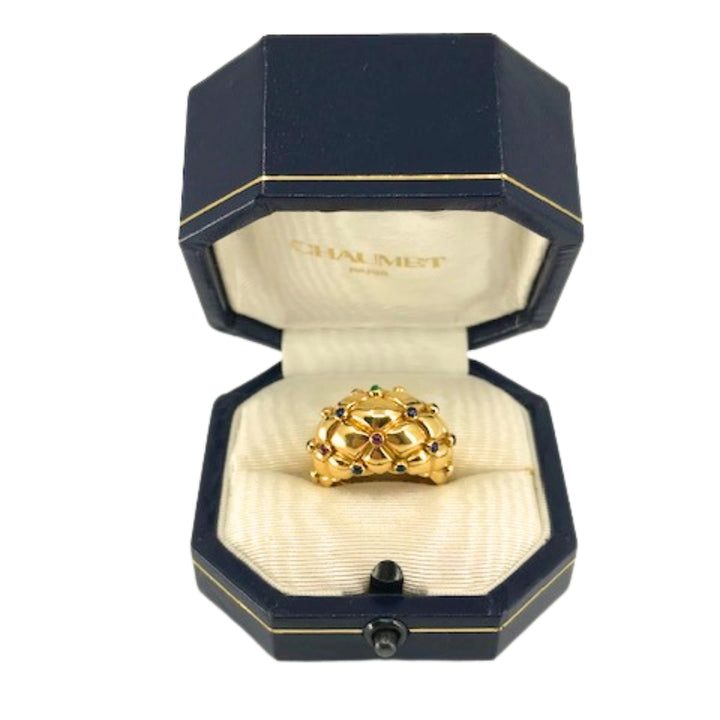 Vintage Chaumet 18k Gold Dome Cocktail Ring with Gemstones Original Box
