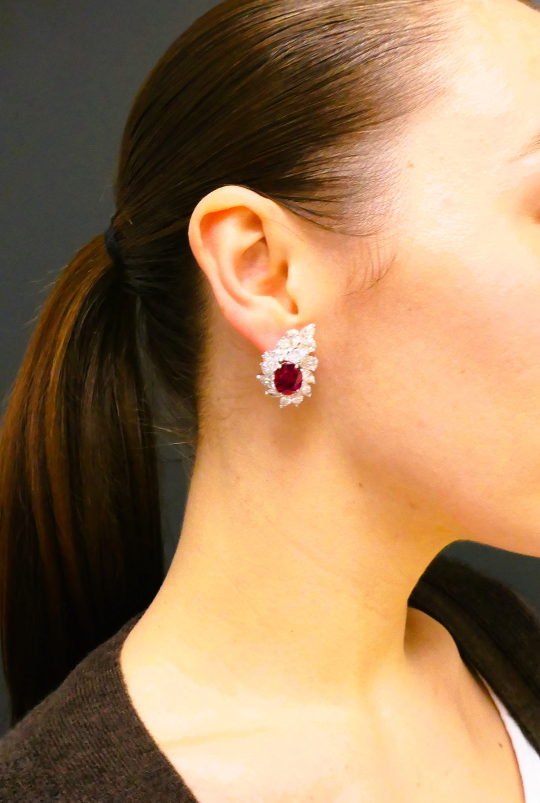 Ruby Earrings Cluster Diamond 18k Gold Mozambique Certified