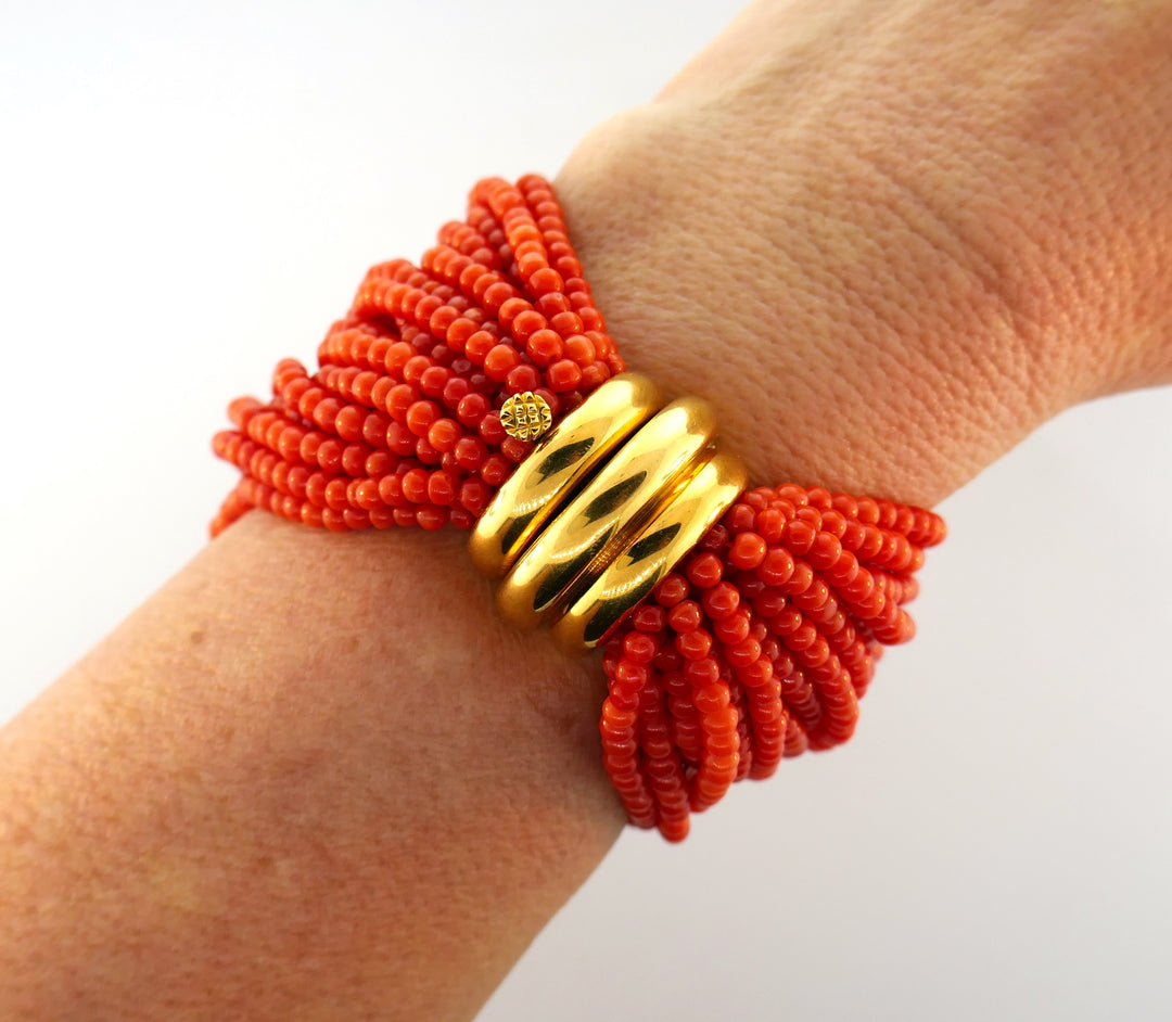 Verdura Coral Bead Multi Strand Bracelet with Yellow Gold Clasp