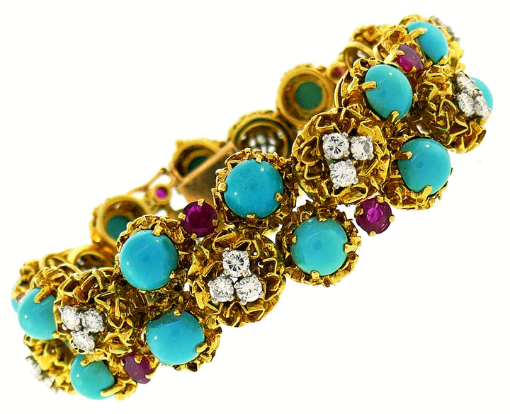 Turquoise Diamond Ruby Yellow Gold Bracelet French