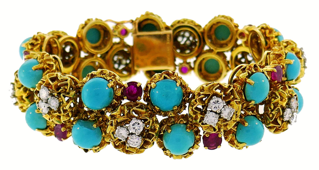 Turquoise Diamond Ruby Yellow Gold Bracelet French