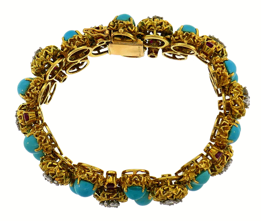 Turquoise Diamond Ruby Yellow Gold Bracelet French