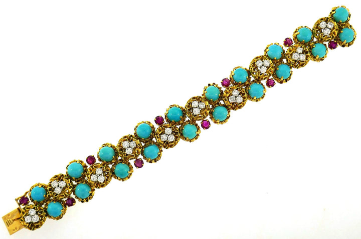 Turquoise Diamond Ruby Yellow Gold Bracelet French