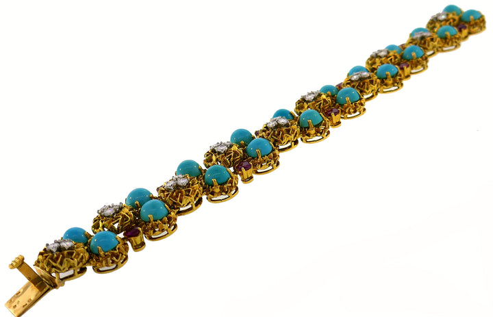 Turquoise Diamond Ruby Yellow Gold Bracelet French