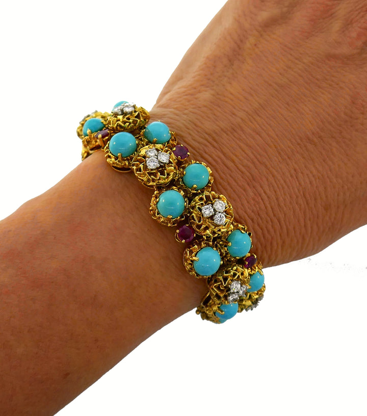 Turquoise Diamond Ruby Yellow Gold Bracelet French