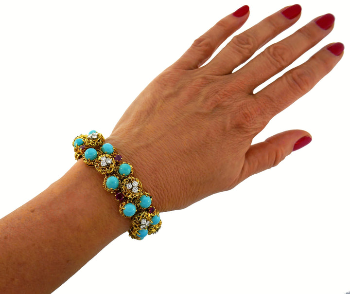 Turquoise Diamond Ruby Yellow Gold Bracelet French