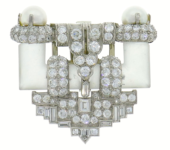 Diamond Platinum Clip Brooch Pin Rock Crystal Pearl