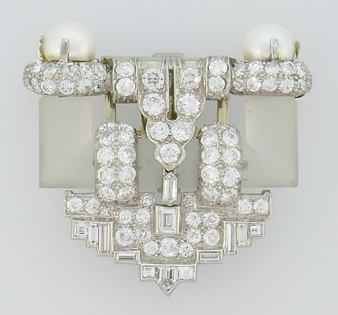 Diamond Platinum Clip Brooch Pin Rock Crystal Pearl