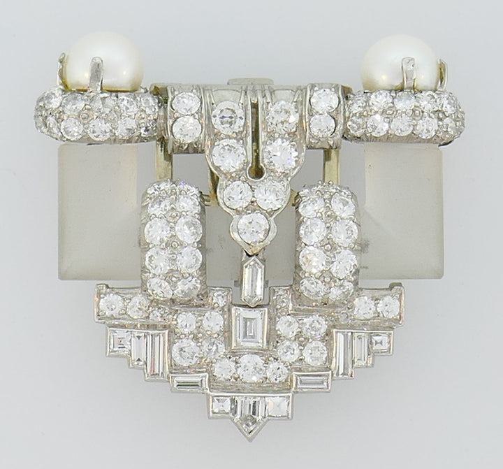 Diamond Platinum Clip Brooch Pin Rock Crystal Pearl