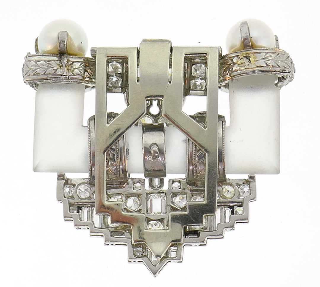 Diamond Platinum Clip Brooch Pin Rock Crystal Pearl