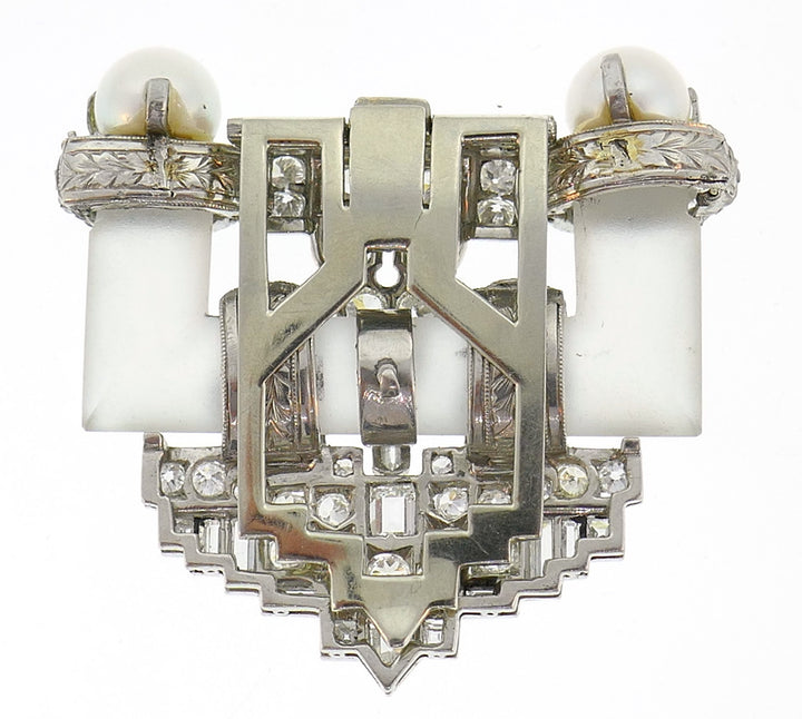 Diamond Platinum Clip Brooch Pin Rock Crystal Pearl