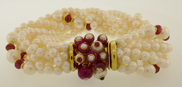 Trianon Pearl Ruby Bracelet with Diamond Yellow Gold Clasp Bead Multi Strand