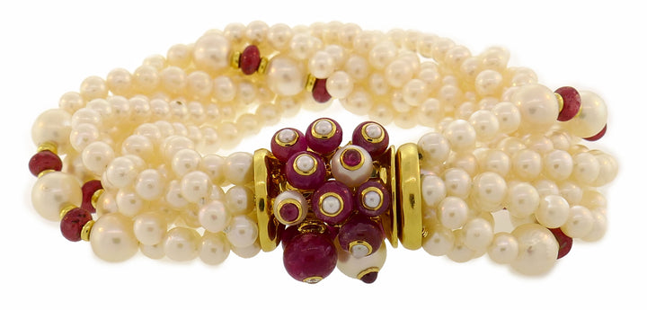 Trianon Pearl Ruby Bracelet with Diamond Yellow Gold Clasp Bead Multi Strand