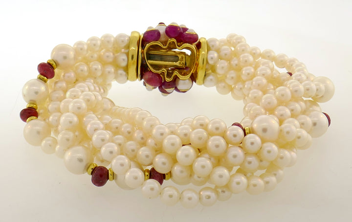 Trianon Pearl Ruby Bracelet with Diamond Yellow Gold Clasp Bead Multi Strand