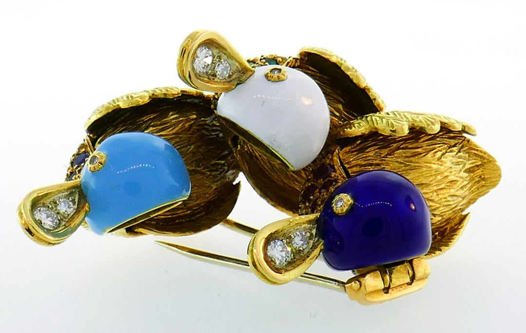 French Vintage Brooch 18k Gold Enamel Gems Duck Pin Clip