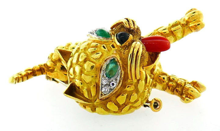 Coral Emerald Diamond Yellow Gold Cat Pin Brooch Clip, French 1950s