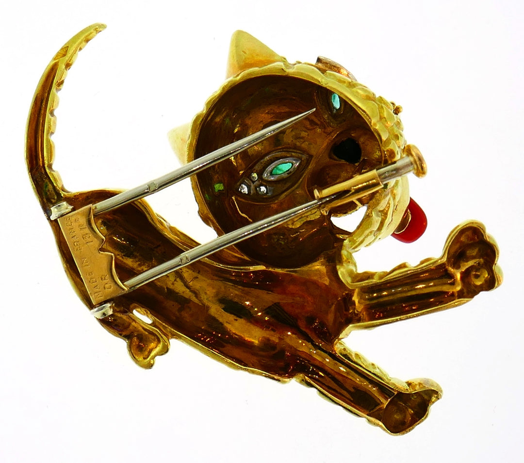 Coral Emerald Diamond Yellow Gold Cat Pin Brooch Clip, French 1950s