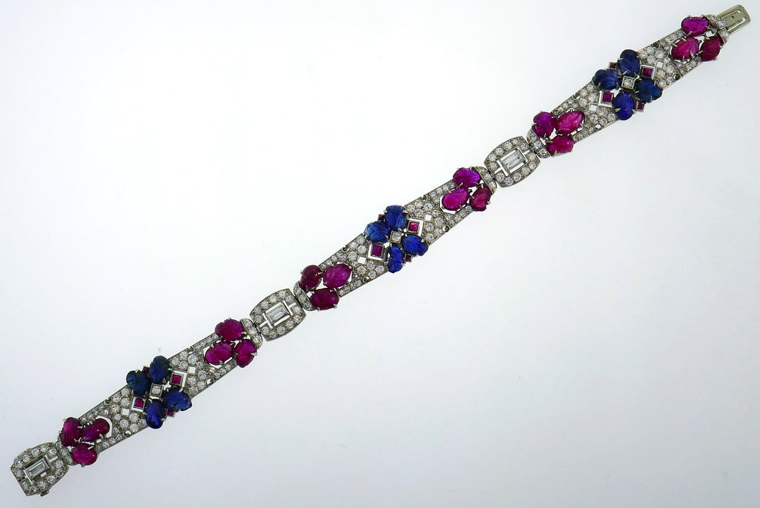 Tutti Frutti Platinum Bracelet with Sapphire Ruby Diamond Art Deco