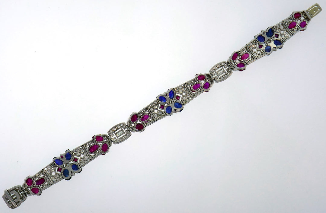 Tutti Frutti Platinum Bracelet with Sapphire Ruby Diamond Art Deco