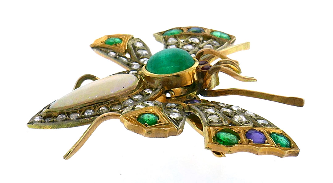 Victorian Gold Butterfly Pin Brooch Clip Diamond Opal Sapphire Emerald Ruby