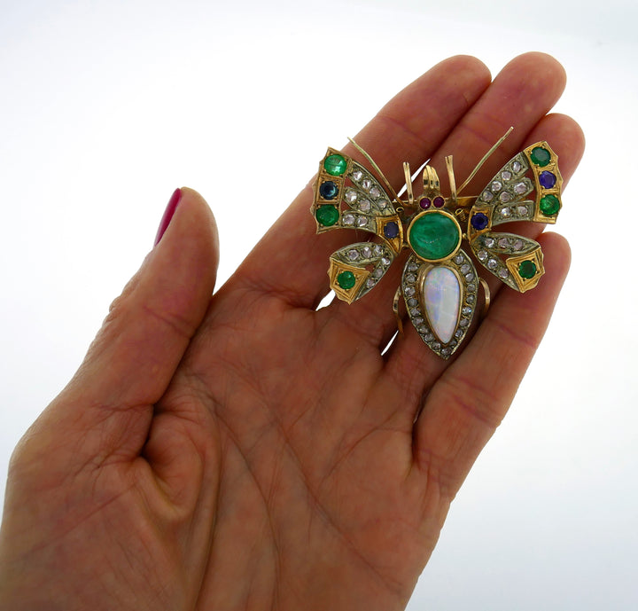 Victorian Gold Butterfly Pin Brooch Clip Diamond Opal Sapphire Emerald Ruby