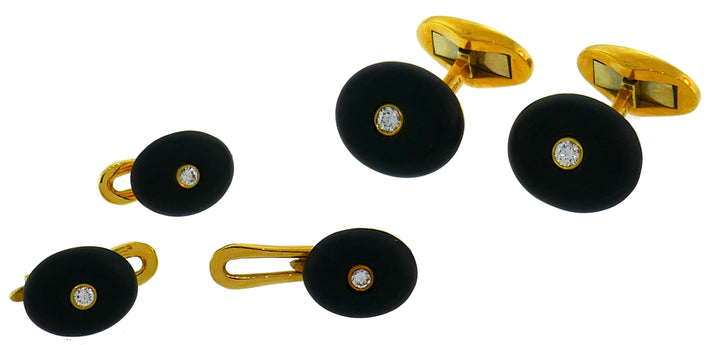 Fred Paris Yellow Gold Jet Cufflink Stud Set with Diamond