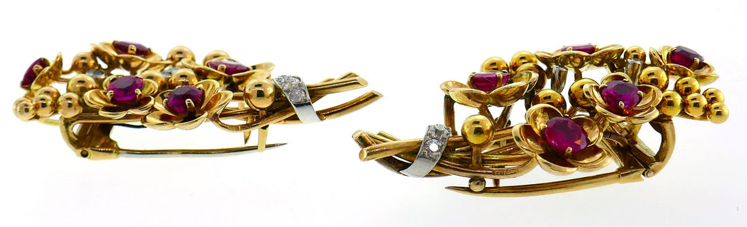 Cartier Ruby Diamond Gold Double Clip Pin Brooch, Retro 1940s