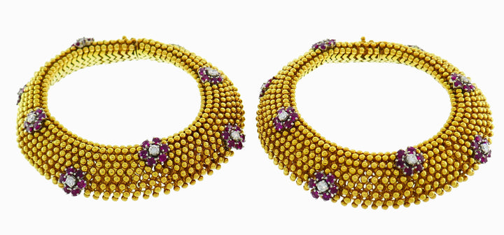 Diamond Ruby Yellow Gold Couscous Bracelet Pair