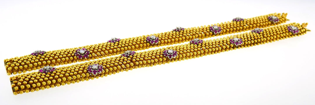 Diamond Ruby Yellow Gold Couscous Bracelet Pair