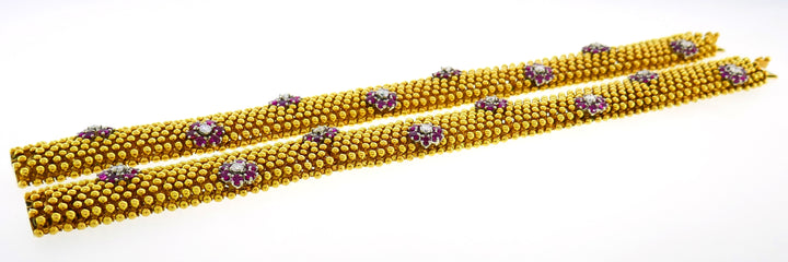 Diamond Ruby Yellow Gold Couscous Bracelet Pair