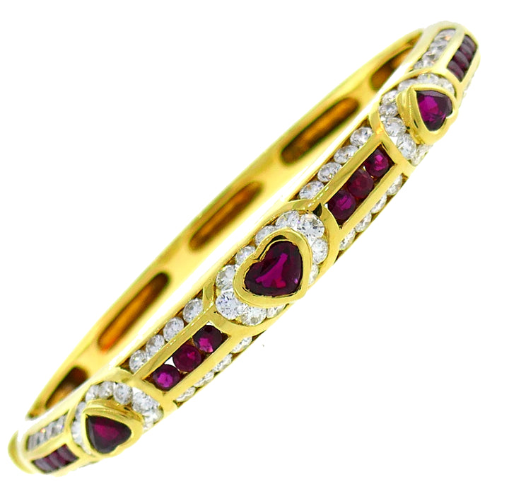 Fred Paris Heart Ruby Diamond Gold Bangle Bracelet 1970s