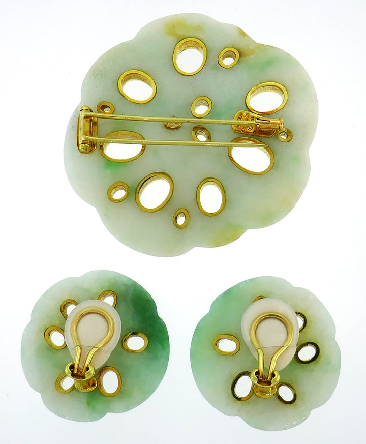 Angela Cummings Jade Gold Earrings Pin Brooch Clip Set 1980s