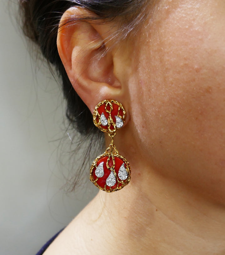 Vintage Kutchinsky Coral Diamond Gold Earrings
