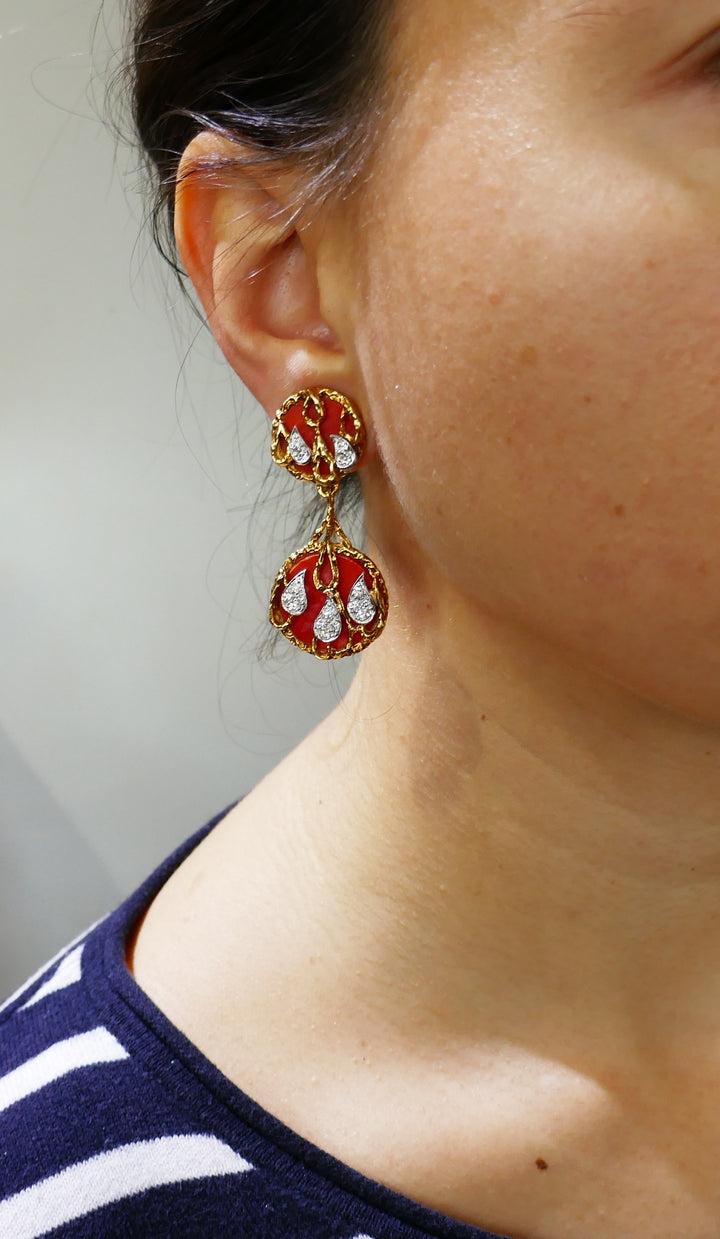 Vintage Kutchinsky Coral Diamond Gold Earrings
