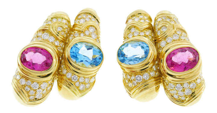 Marina B Yellow Gold Hoop Earrings with Blue Topaz Tourmaline Diamond