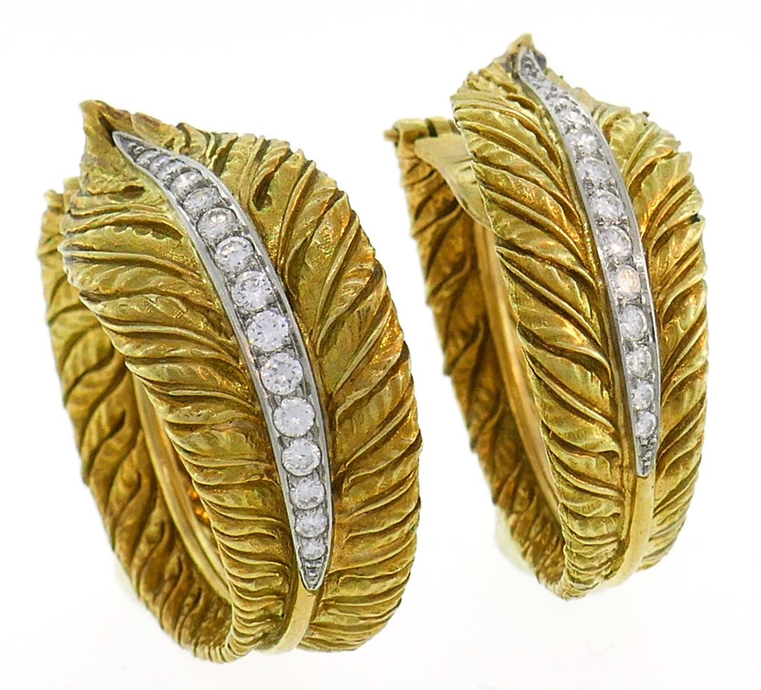 Diamond Yellow Gold Hoop Earrings 1980s