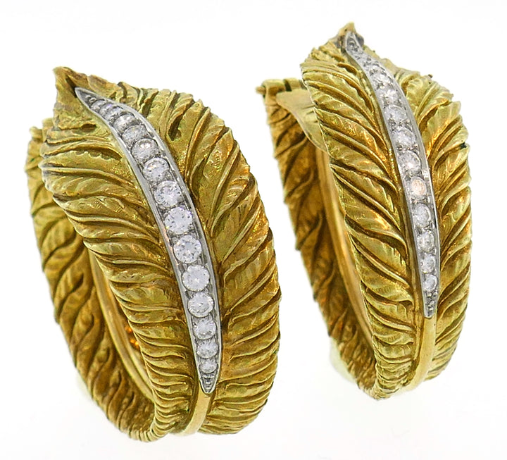 Diamond Yellow Gold Hoop Earrings 1980s