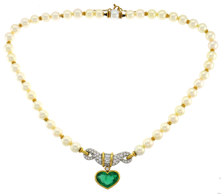 Bvlgari Heart Emerald Diamond Pearl Gold Necklace Bulgari