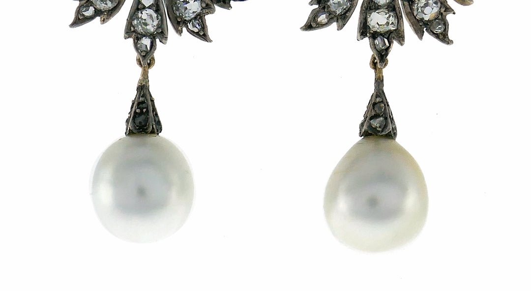 Victorian Natural Pearl Diamond Earrings in Gold and Silver, Cisgem Report Italy