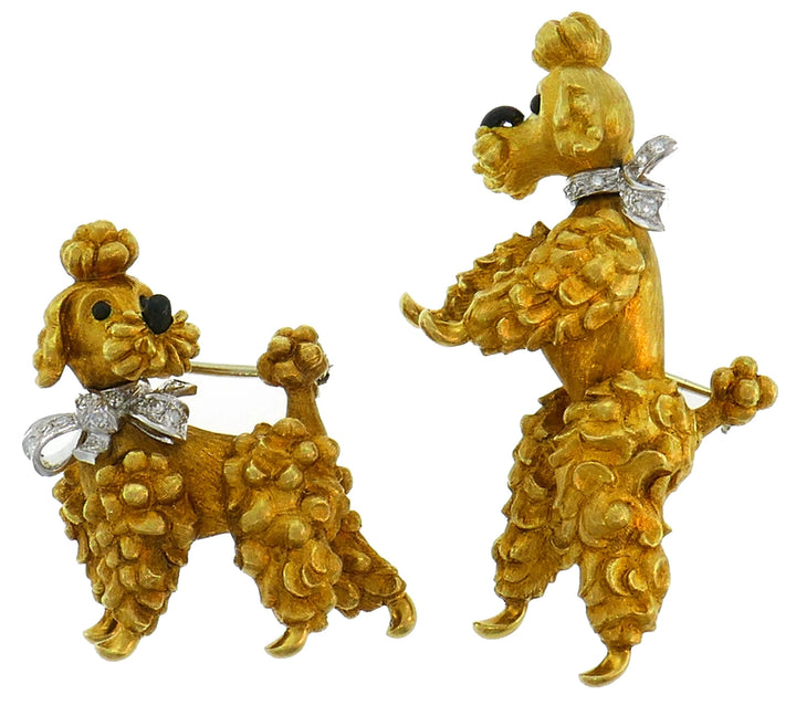 Cartier Diamond Yellow Gold Poodle Clip Pin Brooch Pair