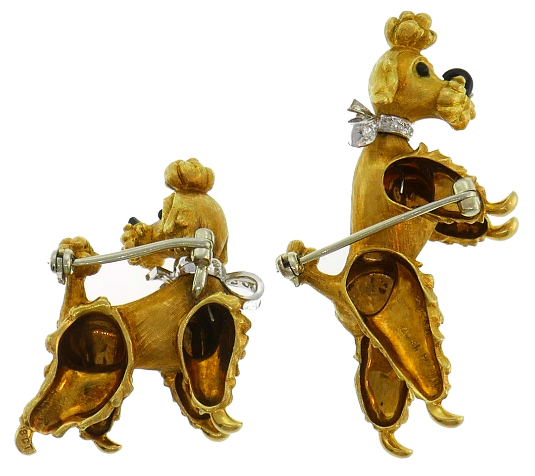 Cartier Diamond Yellow Gold Poodle Clip Pin Brooch Pair