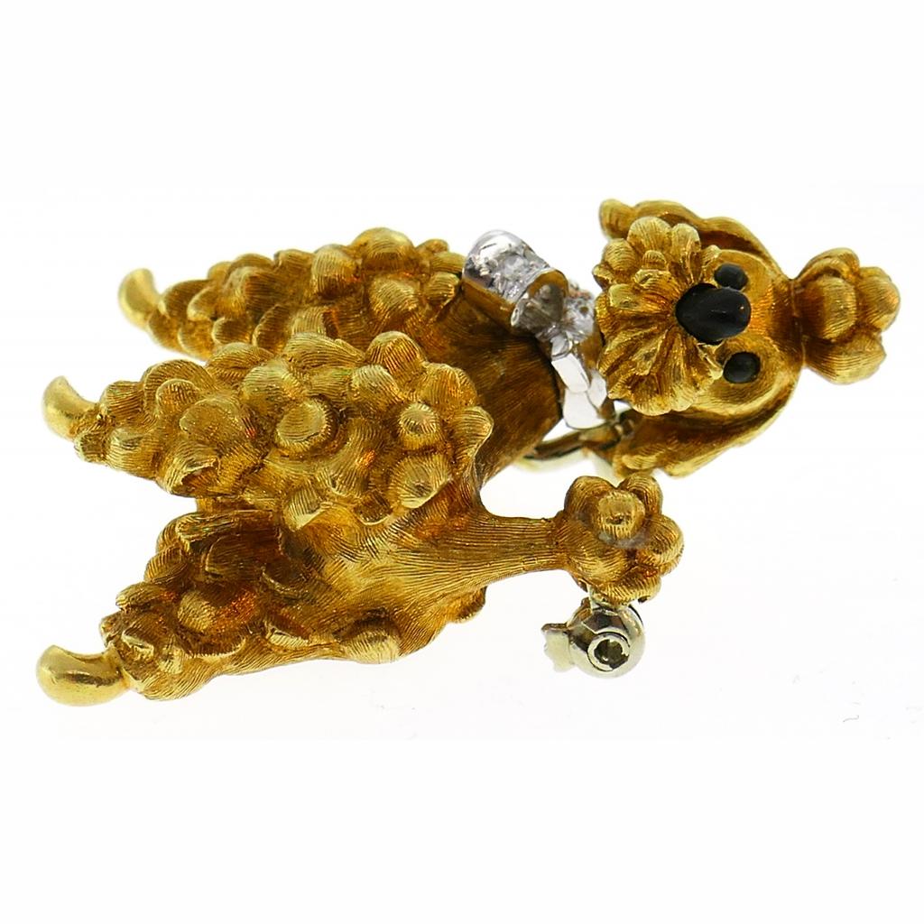 Cartier Diamond Yellow Gold Poodle Clip Pin Brooch Pair